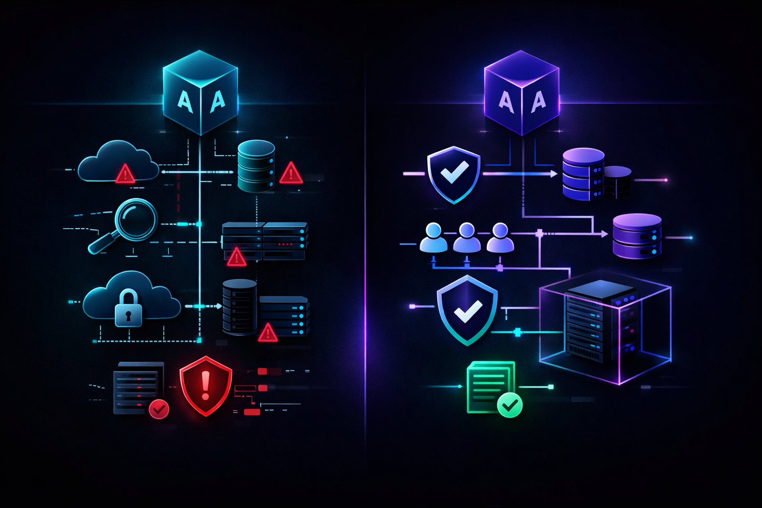 Editorial illustration contrasting fragmented enterprise AI systems with a governed, controlled AI platform