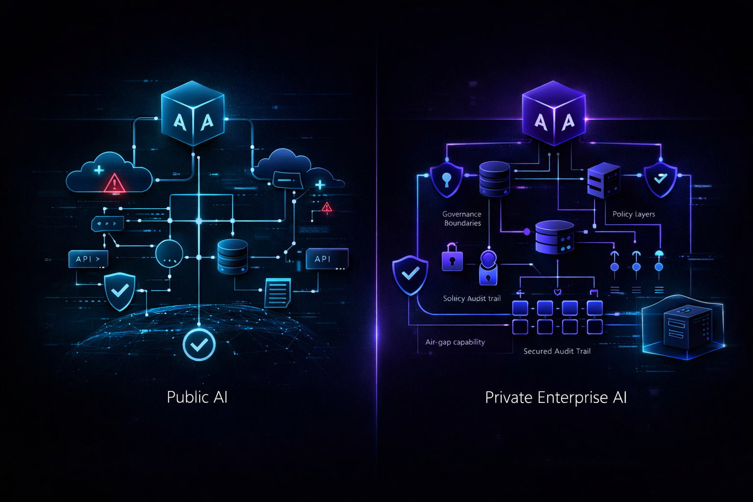 Split visual comparing open public AI usage with controlled private enterprise AI infrastructure